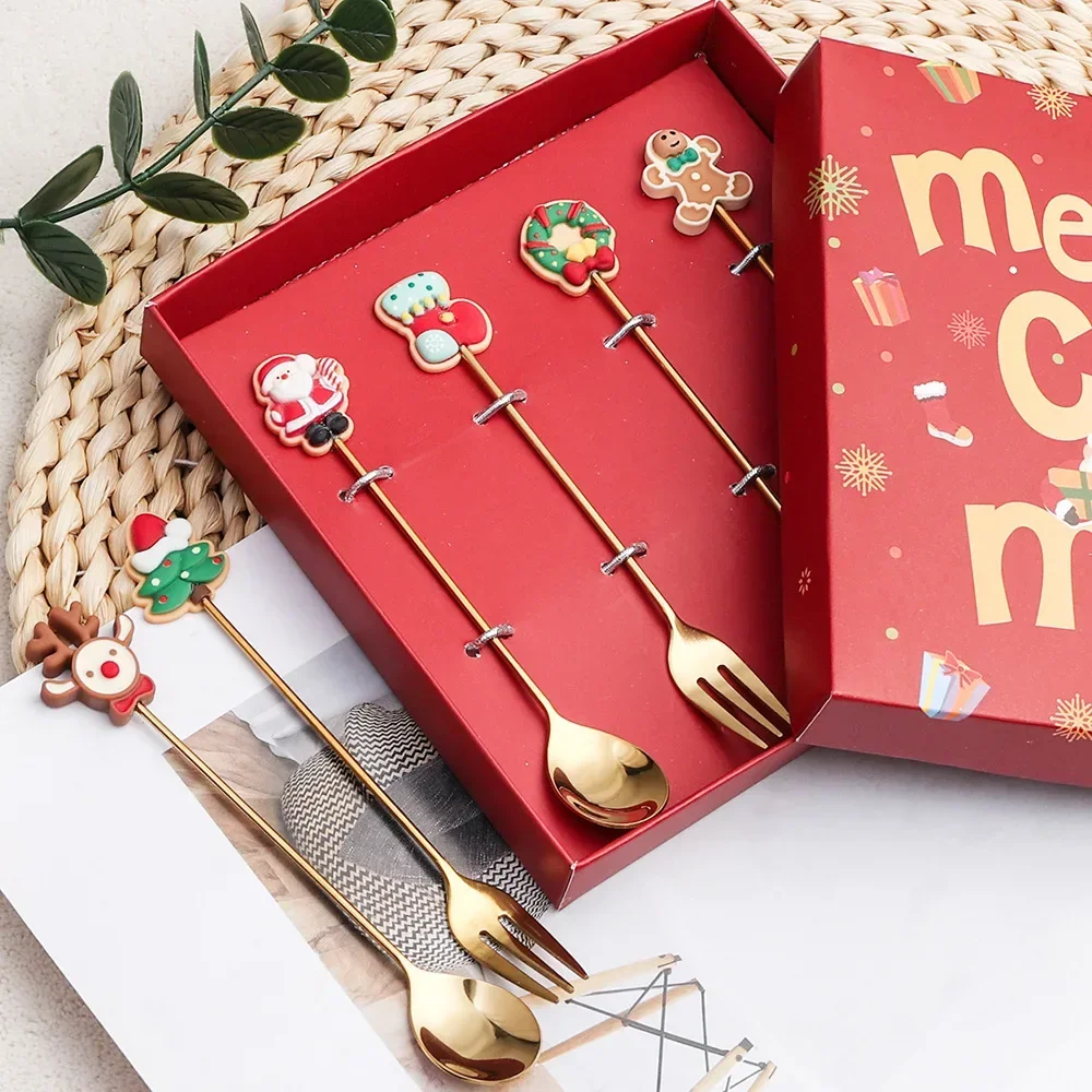 

2025 Christmas Spoon and Fork Set Stainless Steel Creative Tableware Coffee Tea Dessert Spoon Spoons with Gift Box 6Pcs New