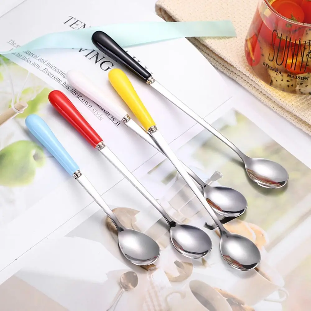 Kitchen Stainless Steel Ceramic Handle Ice Cream Coffee Spoons Stirrer Stirring Tool Teaspoon