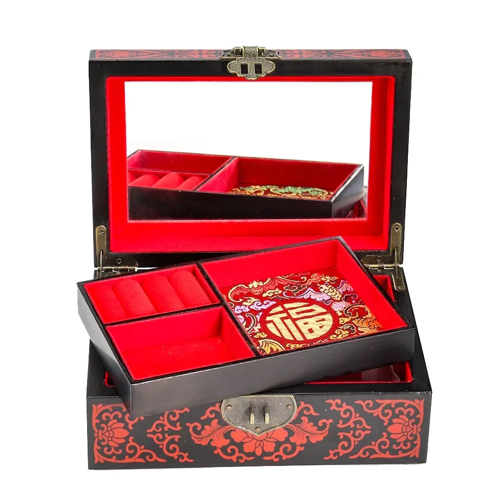 1PC Vintage Chinese Characteristics Traditional Handmade Lacquer Jewelry Box Home Solid Wood Storage Box with Lock Souvenir Gift