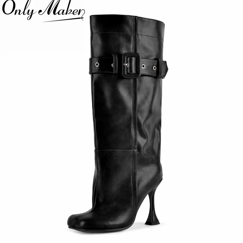 Onlymaker Women Square Toe Buckle Straps Wide Calf Stilettos Heel Knee High Boots Faux Leather Slip On Retro Buckle Strap Boots