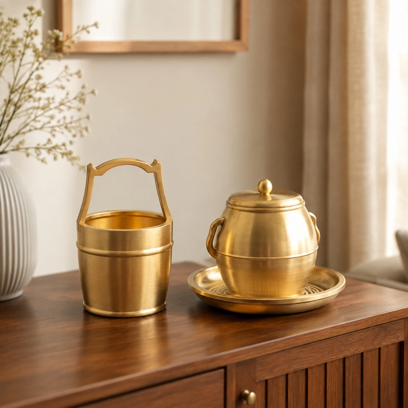 3 Pieces Brass Wedding Vessel Set Traditional Decorative Vessels for Engagement Celebrations, Housewarming Gatherings