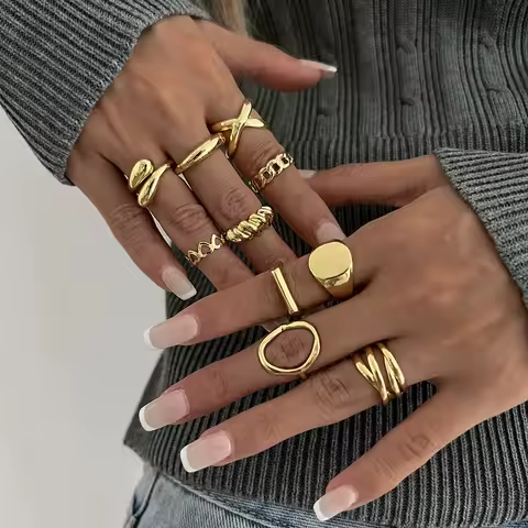 10Pcs/Set Geometric Trendy Gold Silver Color Cuff Rings Set for Women Girl Metallic Stainless Steel Minimalism Fashion Chic Ring