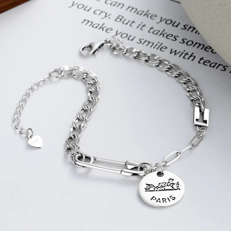 Vintage 925 Sterling Silver English Letter Round Plaque Bracelet, Women's Cold Wind Hong Kong Style with Horseshoe Buckle Chain