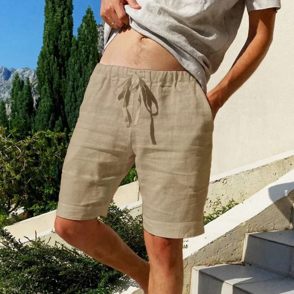 Sommer Neue männer Baumwolle Leinen Atmungsaktive Shorts Hawaii Strand Hosen Männliche Einfarbig Hosen Lose Vielseitig Streetwear – Detail 5