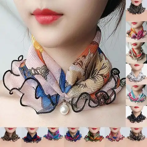 여성용 골드 실크 스카프, 진주 장식, 나무 귀, 레이스, 다양한 스카프, 패션 스퀘어 스카프, 다기능 실크 스카프