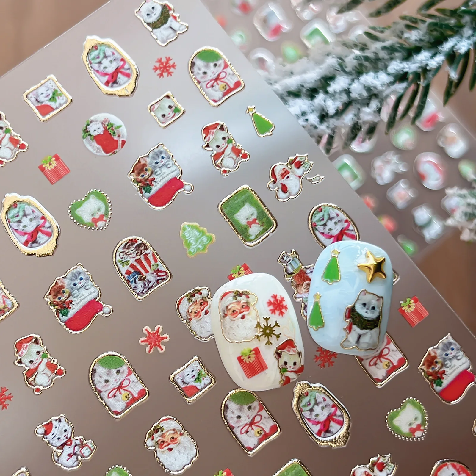 5D Cat Kawaii Kitten Christmas Santa Claus Picture Card Silver Stamped Gift Adhesive Nail Charms Art Sticker Manicure Decal