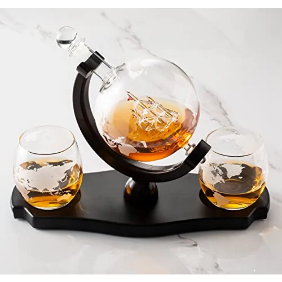 

Whiskey Globe Decanter Set with 2 Etched Globe Glasses in Gift Box - Home Bar Accessories for Liquor Whiskey Brandy Gin Rum Teq