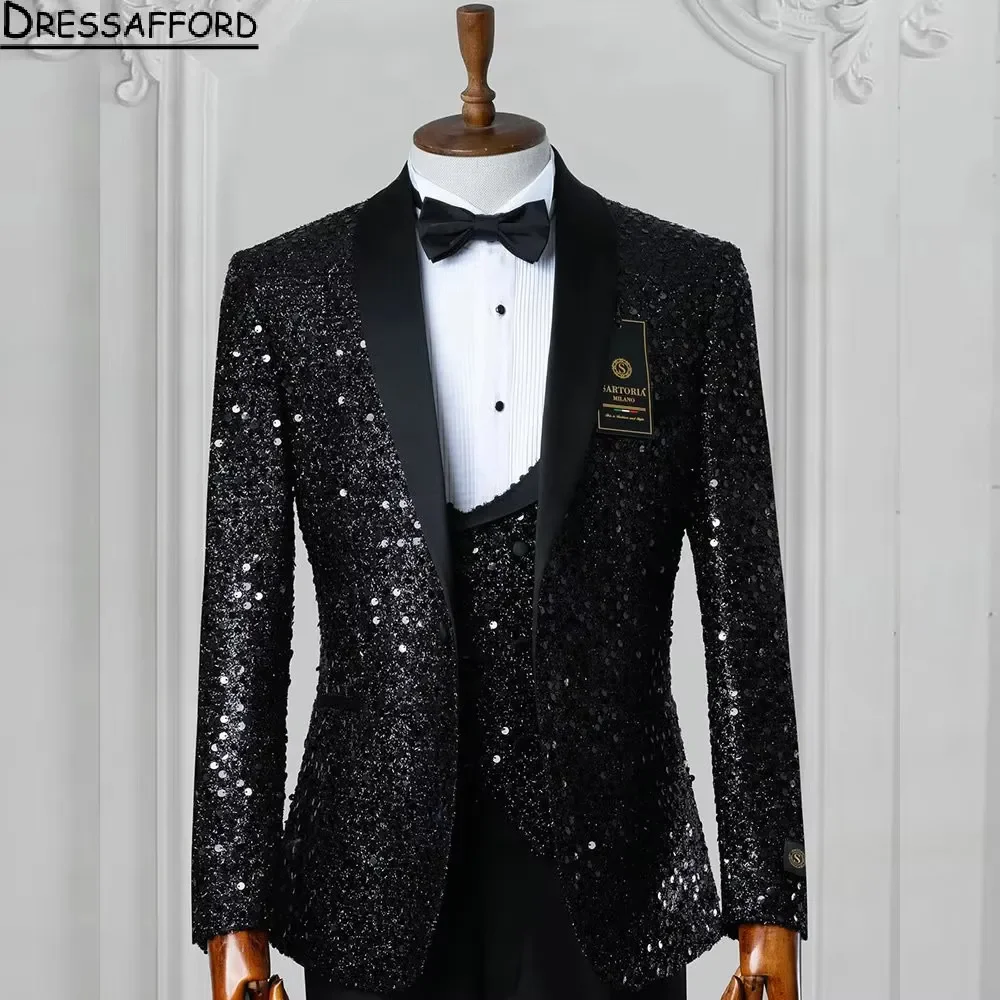 Black Sequined Groom Wear Formal Men Suits 3 Piece Jacket Vest And Pants Sets Smart Casual Business Blazer