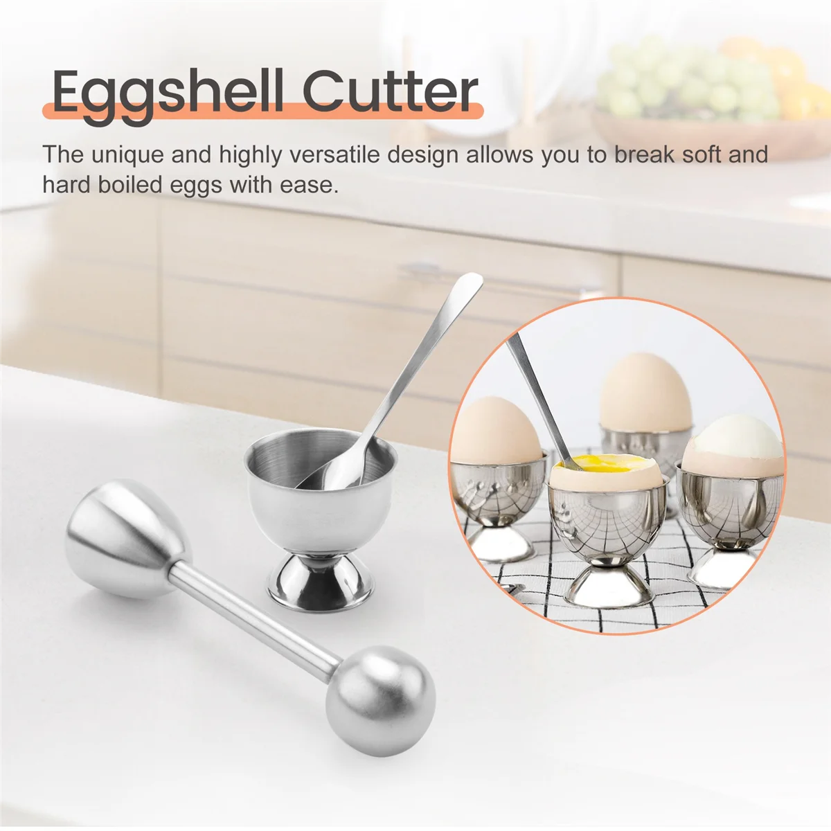 Stainless Steel Egg Cracker Topper Set,Hard Boiled Eggs Separator Holder,4 Spoons,4 Cups,1 Shells Remover Top Cutter HOT