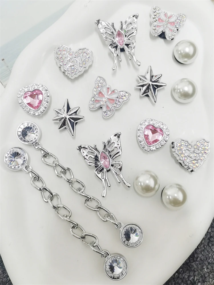 16-teiliges Schmetterling-Schuh-Charms-Set: DIY-Ketten-Accessoires, silberne Herz- und Stern-Clog-Schuh-Schnallen, abnehmbare Bling-Schuhclips – Detail 5