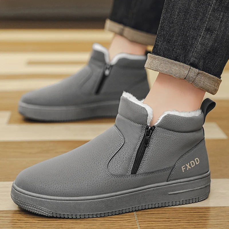 

Men's Large-sized Flat-bottomed Slip-on Side Zipper Anti-slip Fleece Warm Shoes for Mid-top Snow Boots in Autumn and Winter39-44