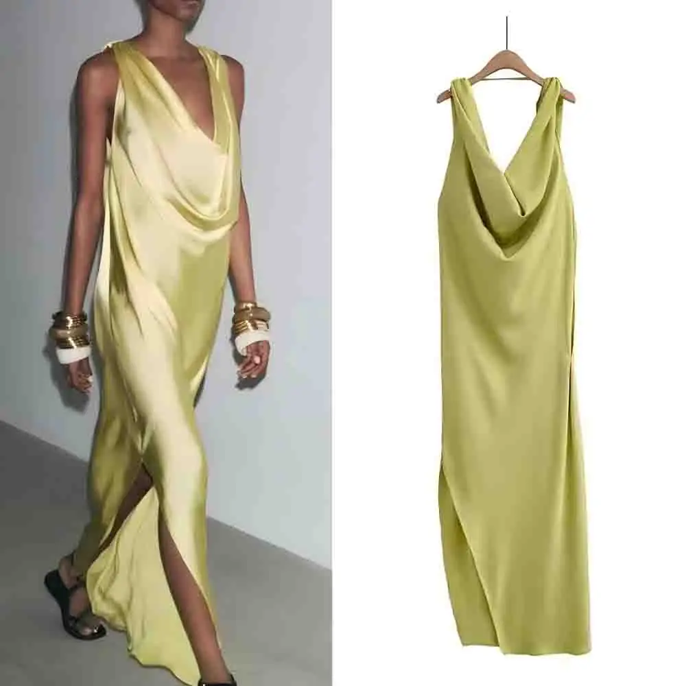 

Women's New Fashion Draped Collar Design Satin Texture Split Midi Dress Retro Sleeveless Women's Dress