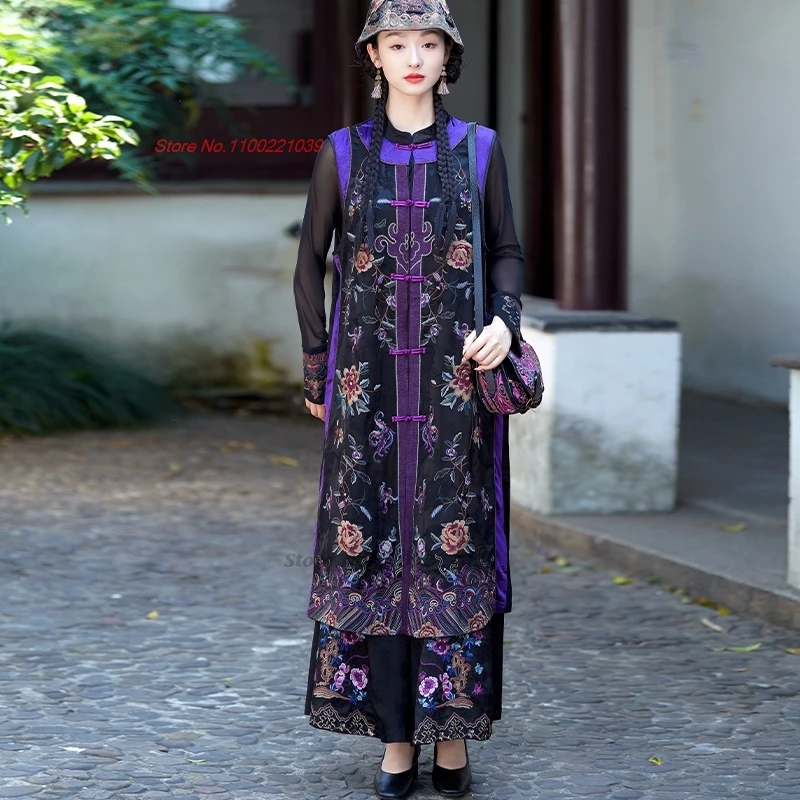 

2025 китайские винтажные топы ханьфу, традиционный атласный жаккардовый жилет с воротником-стойкой, ретро-цветочная вышивка, народный жилет, куртка без рукавов