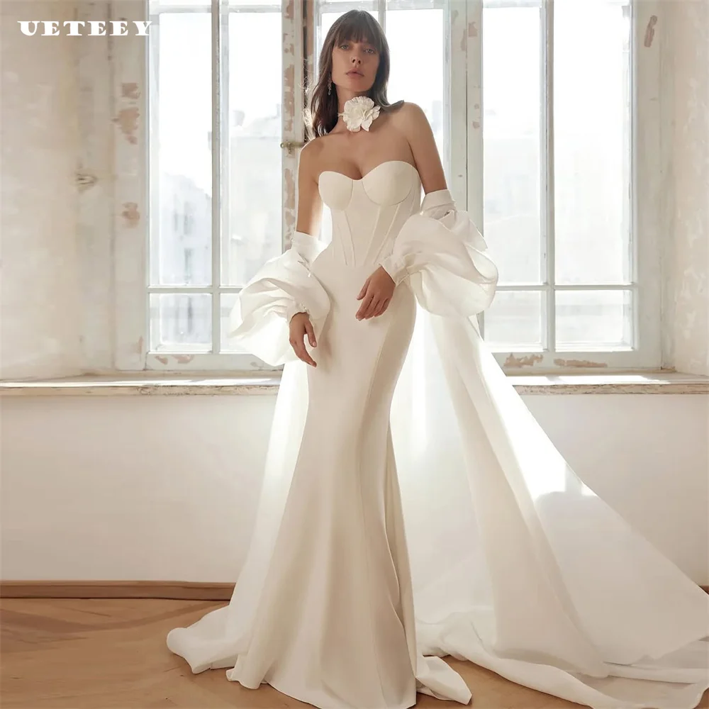 

UETEEY Customized Simple 2 Pieces Detachable Organza Coat Crepe Mermaid Wedding Dress vestidos de novia Lace Up Back Bridal Gown