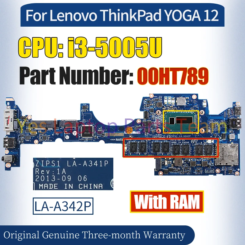 ZIPS1 LA-A342P For Lenovo Thinkpad Yoga S1 12 Laptop Mainboard 00HT789 SR244 With RAM i3-5005U Notebook Motherboard 100％ Tested