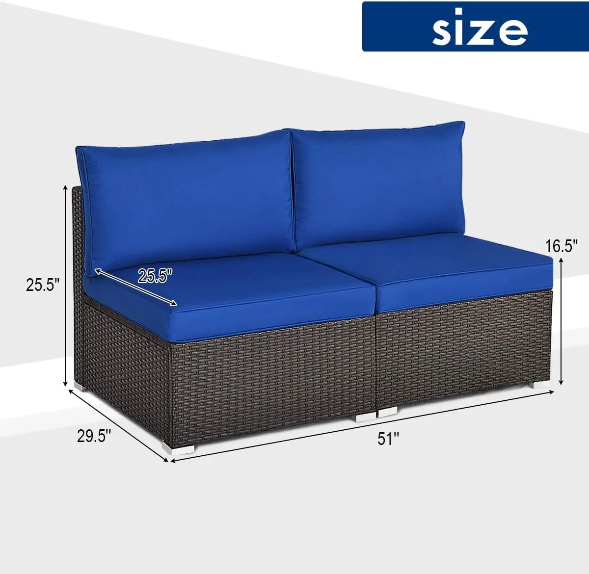 2 Stuks Buiten Rieten Armless Bank, Patio Rotan Sectionele Sofa Set Met 2 Dikke Zitkussens En 2 Rugkussens, Extra Stoelen