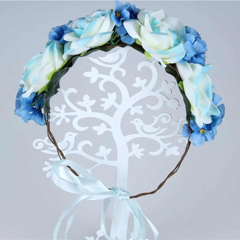 

Blue Flower Headband Elegant Hair Bands Wedding Party Bridal Flower Wreath Headband Crown Accessories Adjustable Ribbon Women