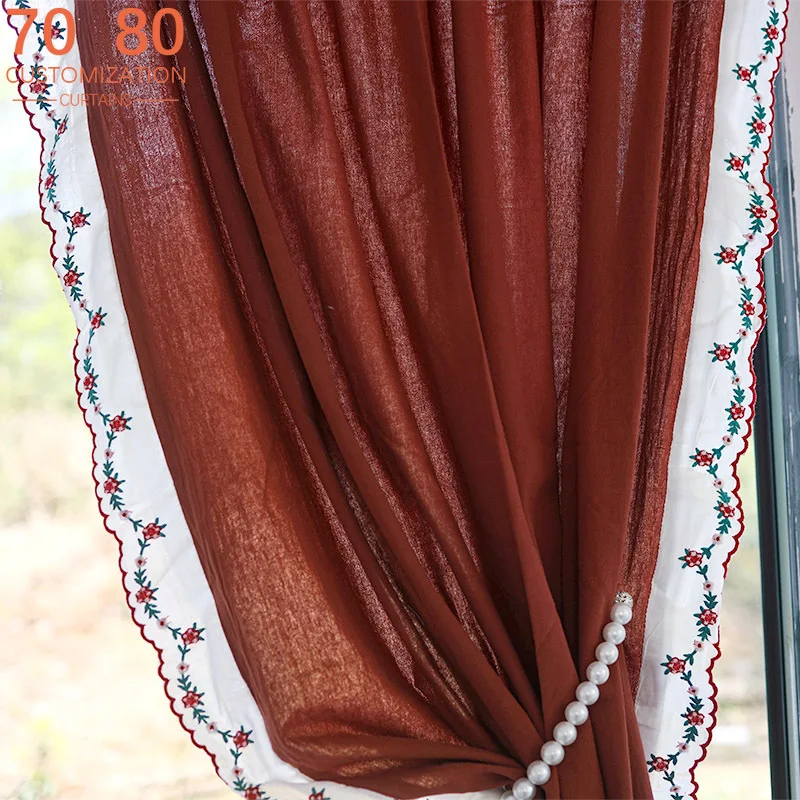

Vintage Wine Red Cotton Linen Lace Patched Curtains for Living Room Kitchen Curtain Decoration French Window Door Curtain