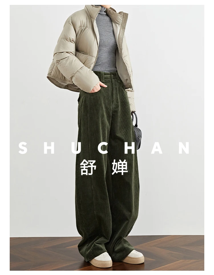 Fleece Retro Green Corduroy Pants Women's High Waist Striped Pants Wide Leg Pants Winter Korean Style