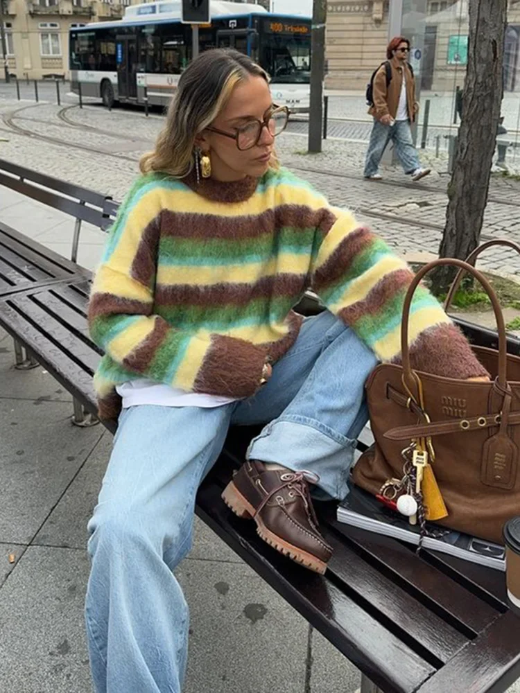 Schicker, farbenfroher gestreifter Damenpullover mit Rundhalsausschnitt, langen Ärmeln, lässiger Strickpullover, 2026 NEU Frühling, locker sitzende Damenpullover – Detail 10