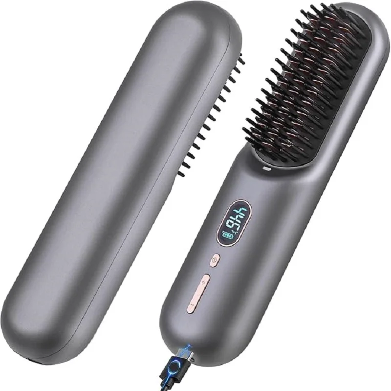 

Cordless straightening brush, portable negative ion thermal brush, self-adjusting temperature setting, self-closing safety