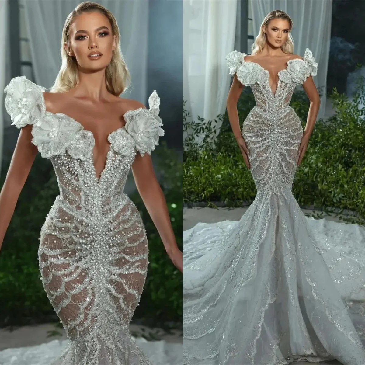 Unique Wedding Dresses Pearls Bridal Gowns Sequins Sleeveless V Neck See Through Illusion Mermaid Customized Vestidos De Novia