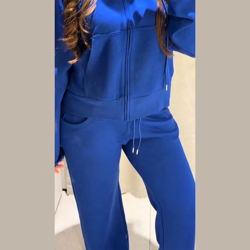 Damen-Hosen-Sets mit Kapuze, Langarm-Reißverschluss, Oversize-Mäntel, Kordelzug-Taille, Schlaghosen, Frühling-Herbst, schicke neue Outfits für Damen – Detail 8