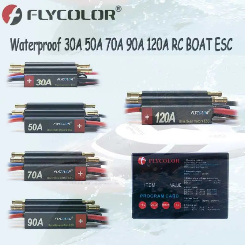 FlyColor Waterproof 30A 50A 70A 90A 120A RC BOAT ESC 2-6S Lipo Speed Controller with Program Card for RC Boats RC Model Ships