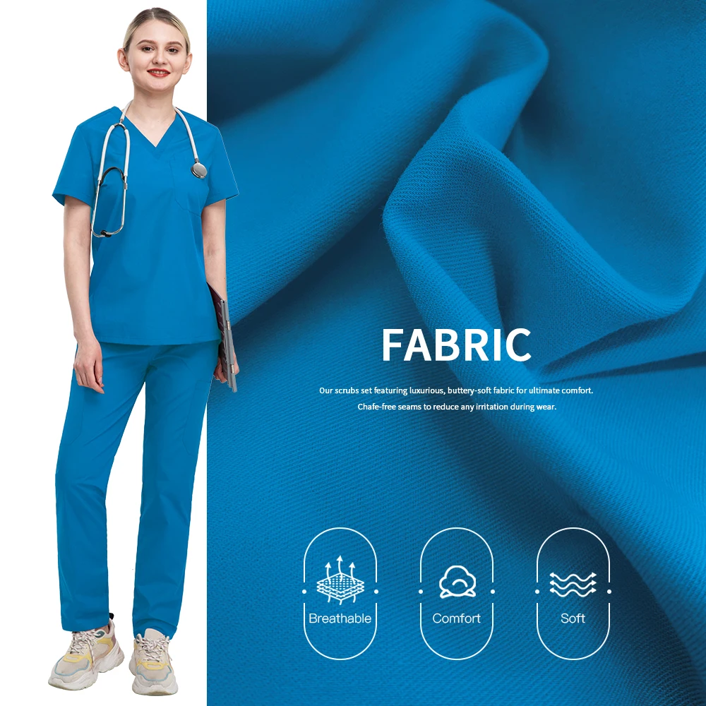 스트레치 스크럽 세트 여성 슬림핏 의료 유니폼 의사 상의 바지 수술복 간호사 액세서리 뷰티 살롱 작업복 스파 세트