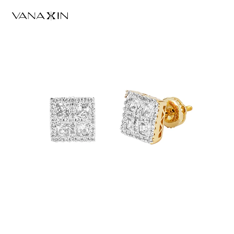 VANAXIN Micro Pave Iced Stud Earrings For Men Shiny AAA+ Cubic Zirconia  Female Square Golden Jewelry Party Gift Box