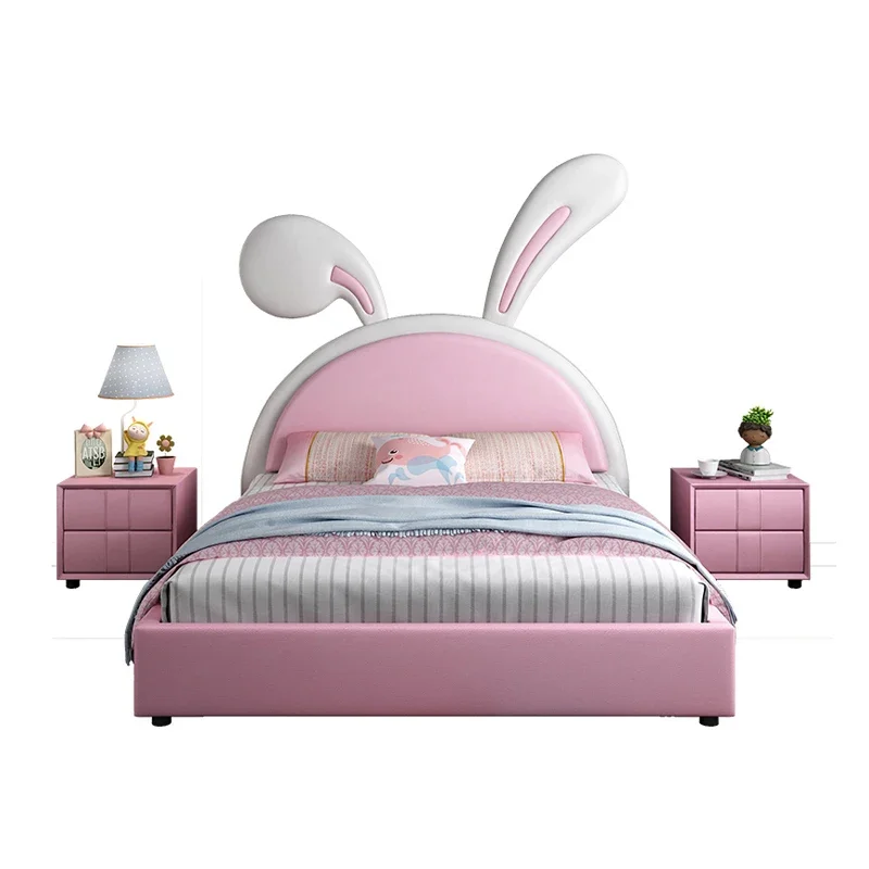 Hot Selling Luxury Pink Children Bed Room Furniture Modern Rabbit Cartoon Beds Design Leather Girl Princess Bed