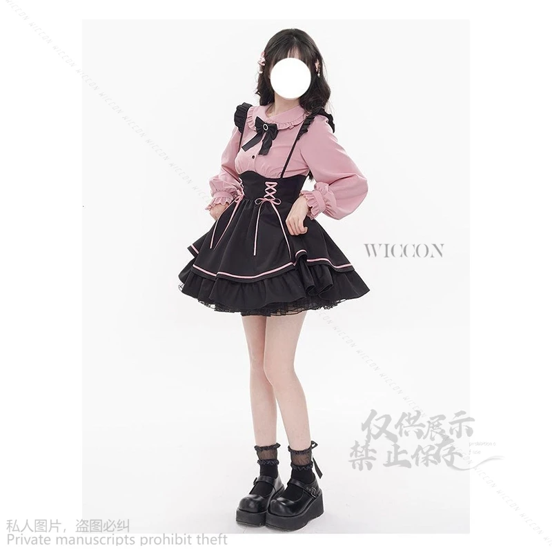 Anime Cosplay Kawaii Girls Roleplay Dress Japanese Lolita Mine Style Pinafore Skirt Pink Kawaii Y2k Kawaii Sweet Bow Girly Belt