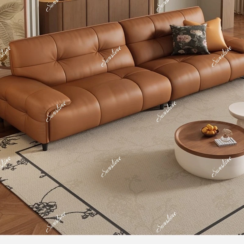 Retro leather sofa Italian minimalist, small apartment living room straight row caramel color