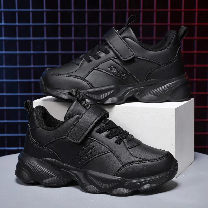 2024 New Kids Luxury Black Leather Sneakers Casual Sports Shoes for Children Anti-skid Wear-resistant School Shoe with Velcro