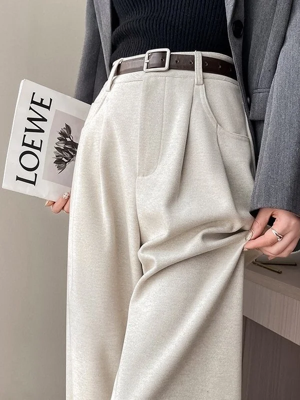 

Thiened шерстяные широкие брюки женские с высокой талией утягивающий костюм брюки драпированные прямые повседневные брюки осень-зима новинка ...