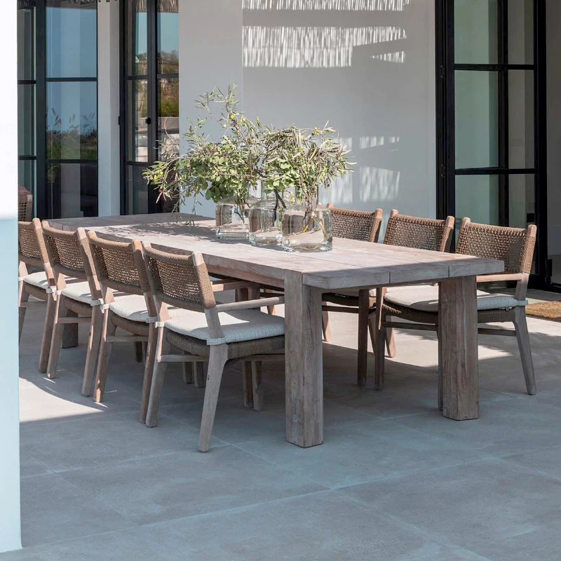 #Patio Garden Outdoor Teak Tables And Chairs Hotel Resorts Restaurant Rope Weaving Dining Chair Patio Waterproof Long Table