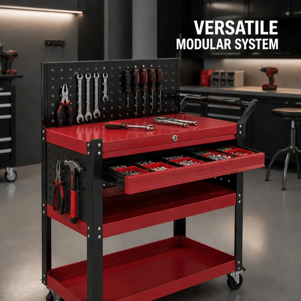 Professional 3-Tier Full Configuration Service Dolly With Tool Pegboard Side Panels and Secure Drawer for Pro Tech Workshop