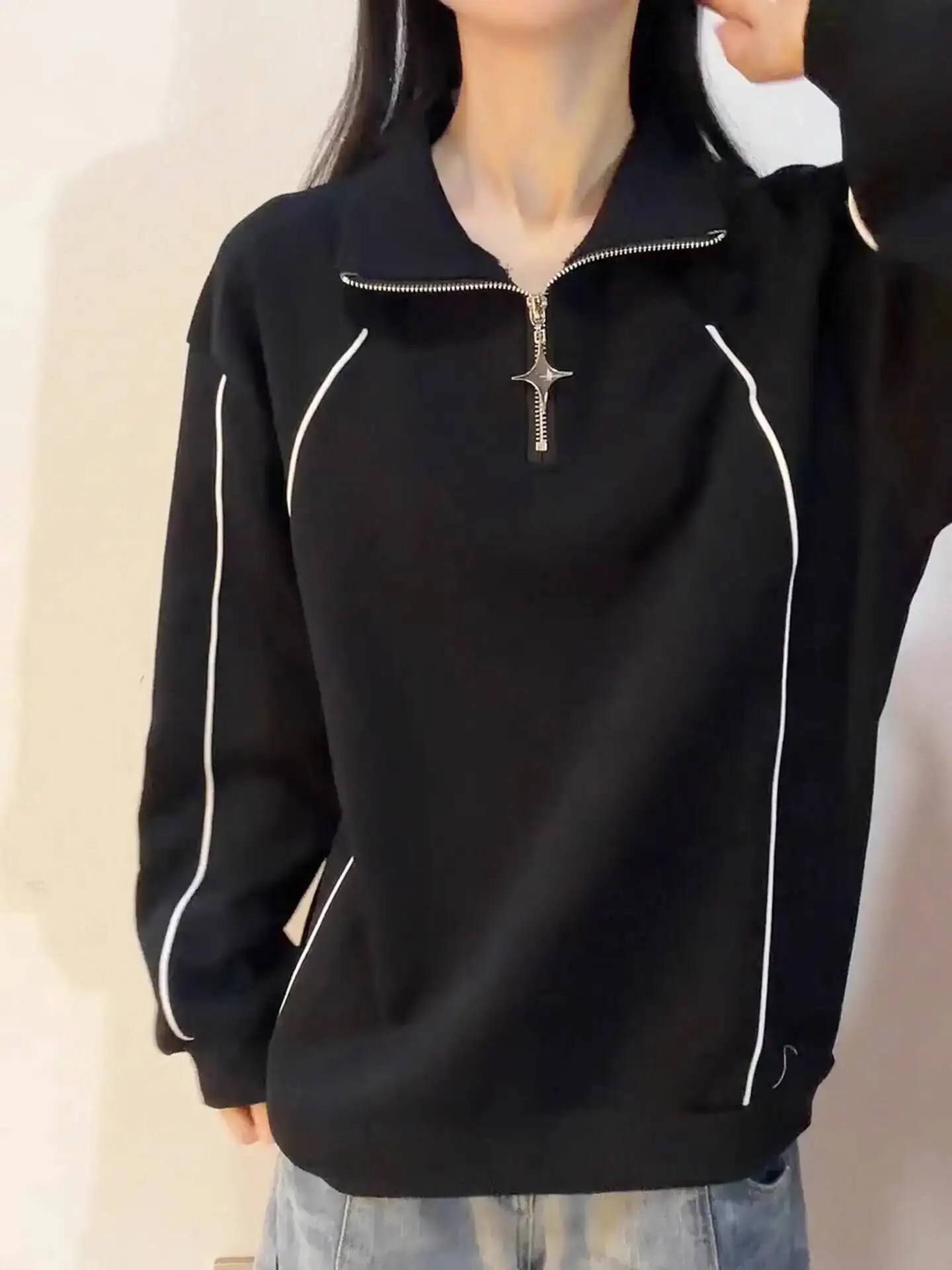 

Coat Women Unsiex Zip Sweatshirt 2025 Autumn Jacket Black Half Zip Stand Collar Stripe Long Sleeve Sports Sweatshirt