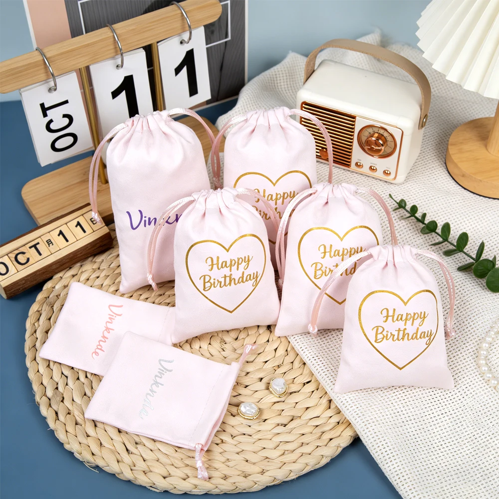 

Personalized Logo Flannel Velvet Gift Bags Baby Pink Jewelry Drawstring Bag Cosmetic Perfume Earrings Ring Packaging Dust Pouch