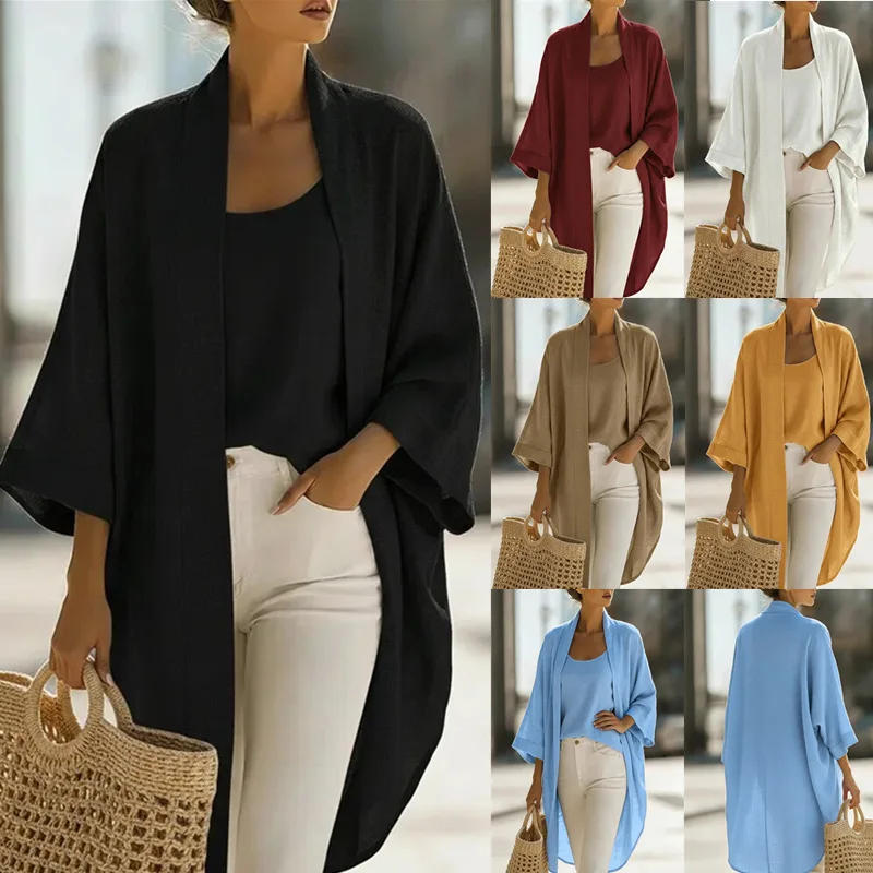 Women's Casual Linen Open Cardigan Vest Two-Piece Set Versatile Loose Wear for Commuting and Everyday Use Long Sleeve Blouse