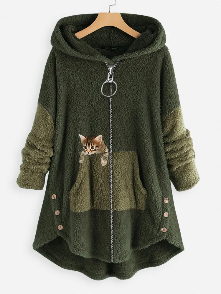 2023 New Cat Print Hoodies Coat Women Autumn Winter Fleece Warm Casual Zipper Sweatshirt Female Streetwear Oversized Hooded Tops