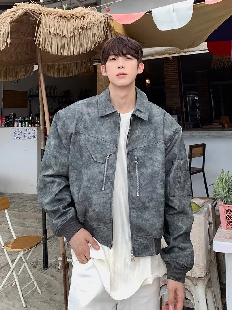 

Retro American PU Leather Jaet Men's Loose ort Pilot Coat Sli Motorcycle Clothes Trendy Zipper Decoration Youth Faion