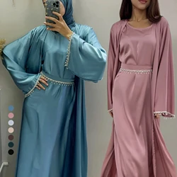 Eid Satin Open Abaya Beads Kimono Abaya musulmano per le donne Dubai elegante turchia Party abito da sposa Islam Outfit caftano marocchino