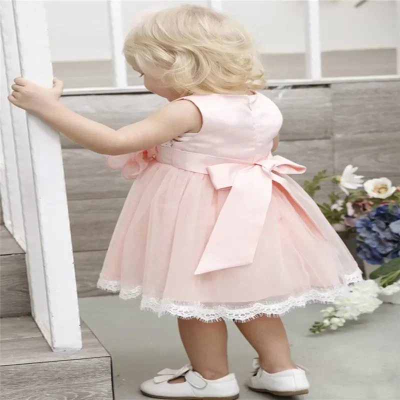 

O-neck Kids Knee Length Formal Wear Birthday Christmas Girls Pageant Baby Children Party Dress Tulle Satin Applique Flower Girls