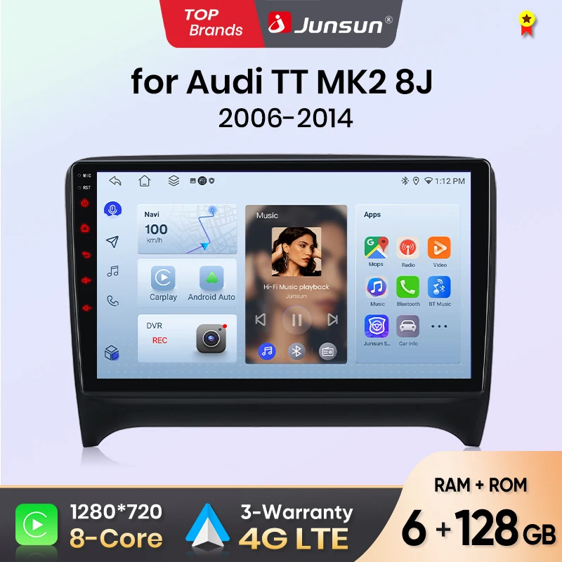 Autoradio Junsun pour Audi TT MK2 8J 2006 2007 2008 2009-2014 CarPlay Android Auto FM RDS DSP BT GPS Navi SWC Écran tactile HD IPS Plug & Play Lecteur multimédia Appel mains libres Style voiture d'origine Unité centrale
