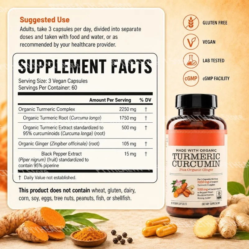 Turmeric Curcumin Plus Vegan Capsules Made with Organic Ginger Supports Joint Health and Heart Health Non-GMO 90 Capsules