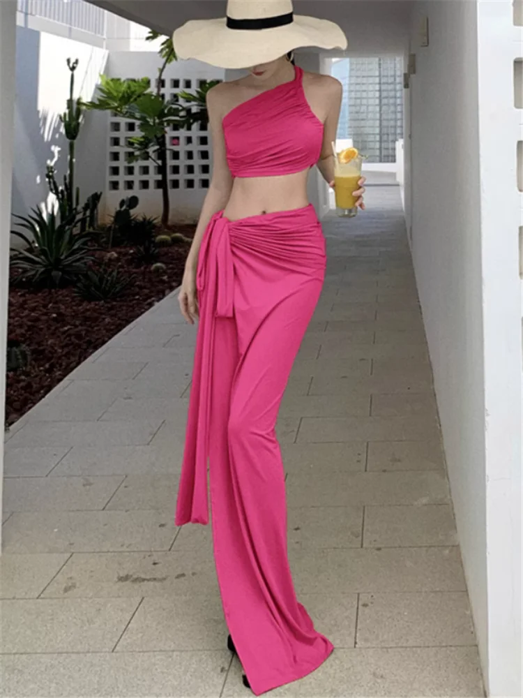 Sexy Summer Vacation Two Pieces Sets Green Fuchsia Irregular Short Camis Vest Top&High Split Long Wrap Skirt Beach 2pc Suits