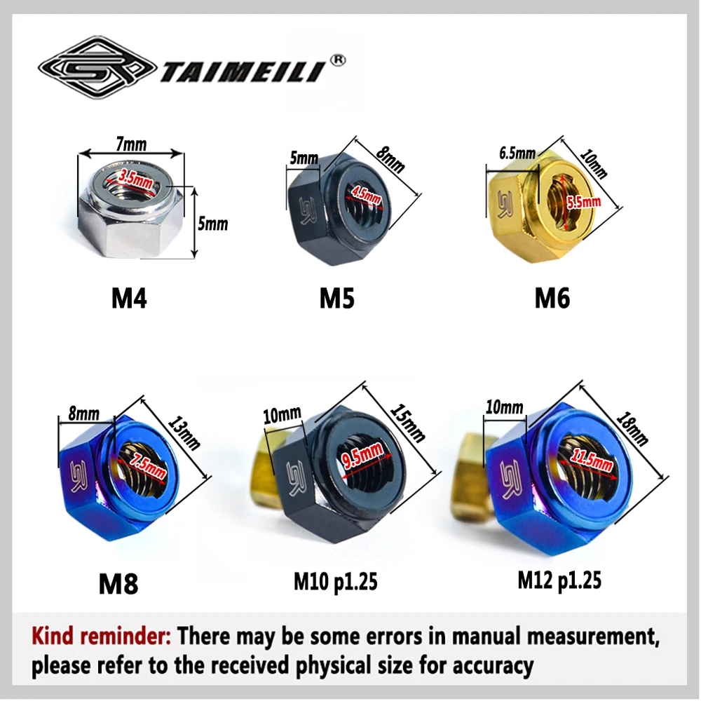 TAIMEILI 1pcs/4pcs/8pcs/10pcs Titanium Alloy Hexagonal Metal Locking Nut M4/M5/M6/M8/M10/M12 Bicycle Modification and Repair