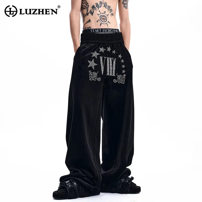 LUZHEN 2026 New Flannel High Quality Loose Straight Casual Pants Men Handsome Diamond Patchwork Pattern Original Trousers JY9022