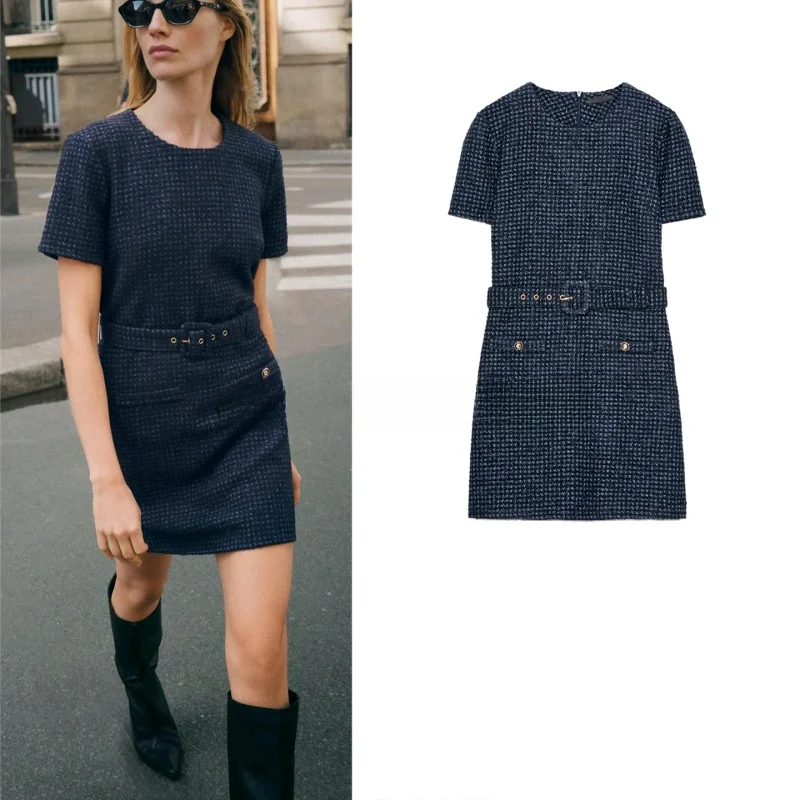 겨울 여성용 스트레이트 튜브 드레스 벨트 포함 라운드 넥 오르트 스웨이드 구조 감각적인 요정 스커트 폴리에스터 섬유 출퇴근용